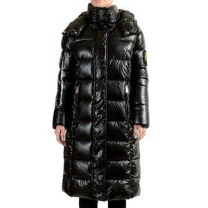 Plein Sport Women's Black Hooded Logo Print Zip Up Long Parka Jacket